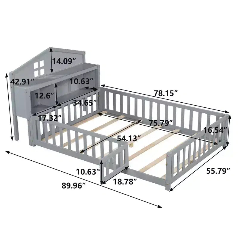 TUYOHW Full Size Toddler Floor Bed for Kidswith Bookcases and Blackboards with Guardrails and Storage Headboards for Bedroom