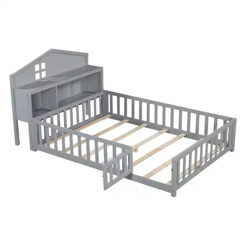 TUYOHW Full Size Toddler Floor Bed for Kidswith Bookcases and Blackboards with Guardrails and Storage Headboards for Bedroom