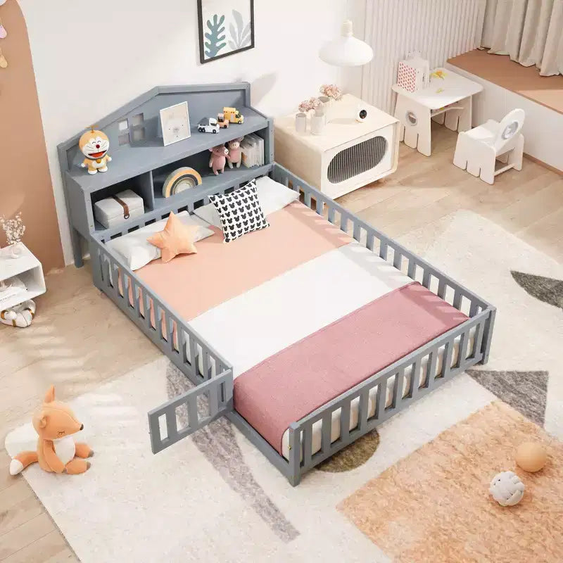 TUYOHW Full Size Toddler Floor Bed for Kidswith Bookcases and Blackboards with Guardrails and Storage Headboards for Bedroom