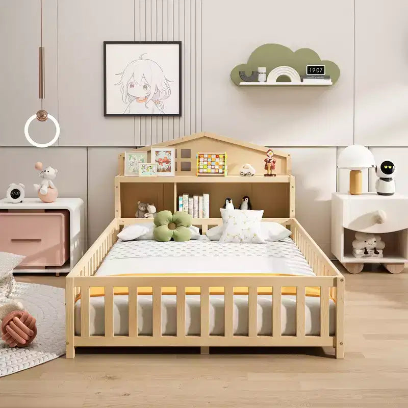 TUYOHW Full Size Toddler Floor Bed for Kidswith Bookcases and Blackboards with Guardrails and Storage Headboards for Bedroom