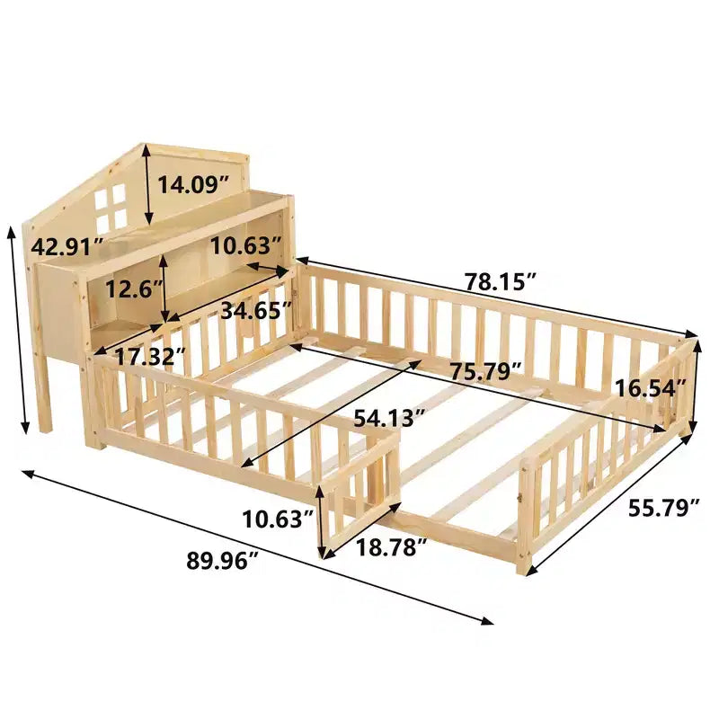 TUYOHW Full Size Toddler Floor Bed for Kidswith Bookcases and Blackboards with Guardrails and Storage Headboards for Bedroom