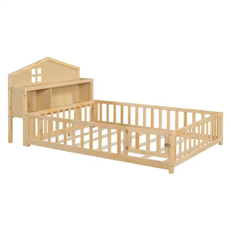 TUYOHW Full Size Toddler Floor Bed for Kidswith Bookcases and Blackboards with Guardrails and Storage Headboards for Bedroom