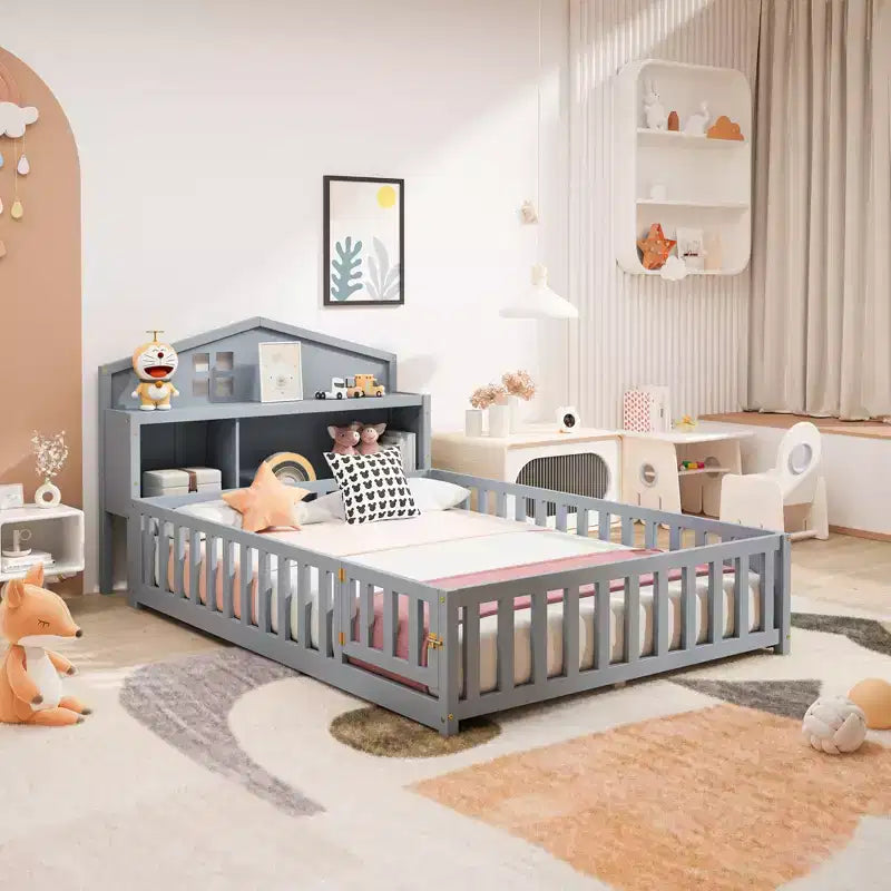 TUYOHW Full Size Toddler Floor Bed for Kidswith Bookcases and Blackboards with Guardrails and Storage Headboards for Bedroom