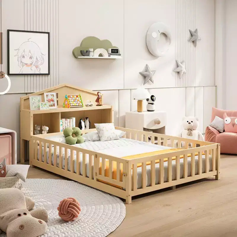 TUYOHW Full Size Toddler Floor Bed for Kidswith Bookcases and Blackboards with Guardrails and Storage Headboards for Bedroom
