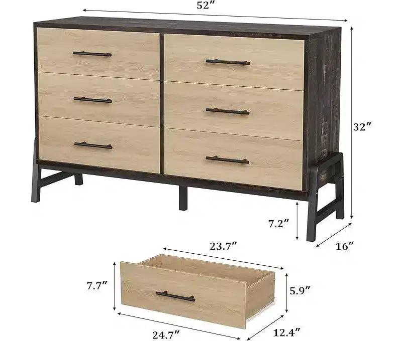 Wide 6-Drawer Dresser, Freestanding Wooden Storage Chest with Large Capacity for Bedroom, Living Room & Entryway