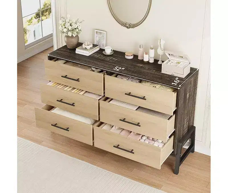 Wide 6-Drawer Dresser, Freestanding Wooden Storage Chest with Large Capacity for Bedroom, Living Room & Entryway