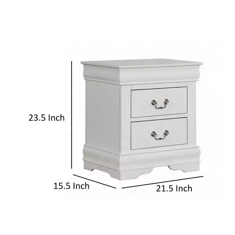 Royal Hampton Nightstand, 2 Drawers, Classic White Solid Wood, Nickel Metal Handles