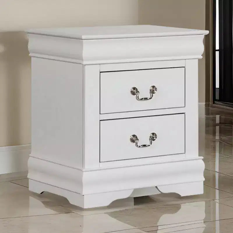 Royal Hampton Nightstand, 2 Drawers, Classic White Solid Wood, Nickel Metal Handles