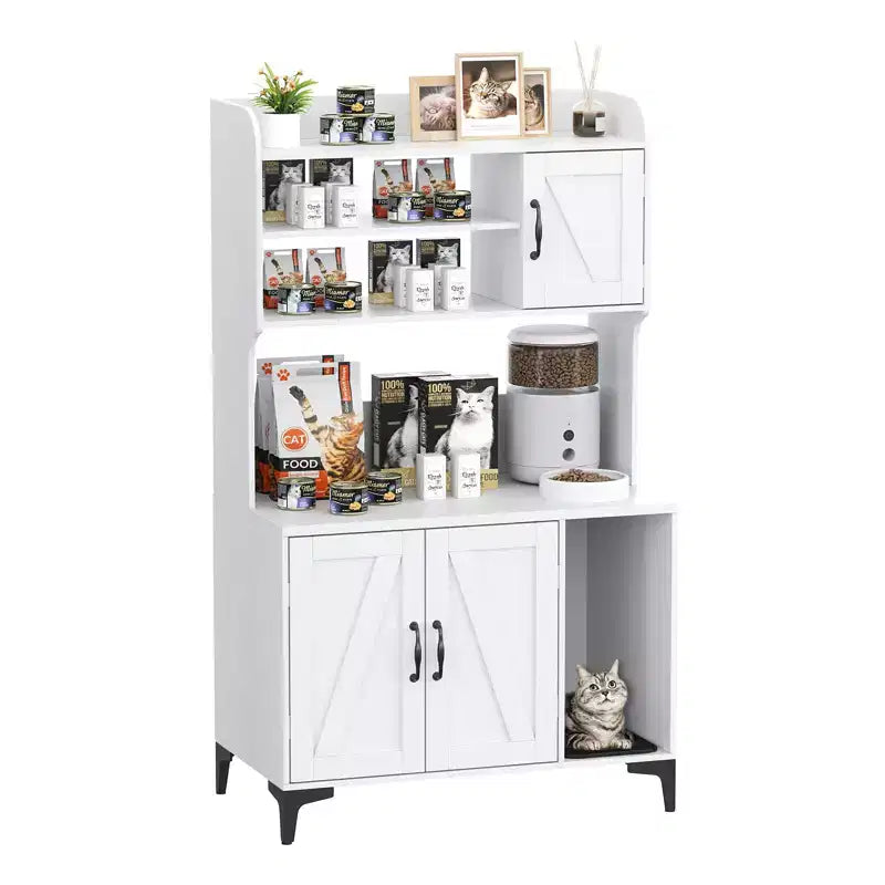Cat Litter Box Furniture, Hidden Litter Box Enclosure Large - Farmhouse Wood Pet House with 3 Open Shelves Storage Cabinet Scratch Pad End Table