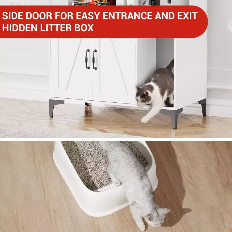 Cat Litter Box Furniture, Hidden Litter Box Enclosure Large - Farmhouse Wood Pet House with 3 Open Shelves Storage Cabinet Scratch Pad End Table