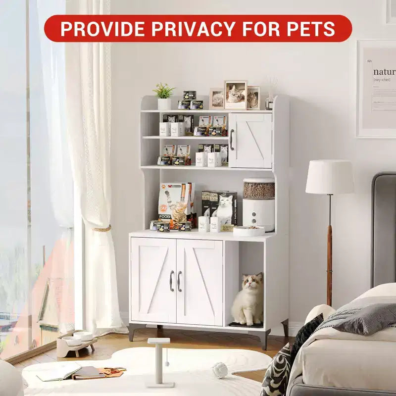 Cat Litter Box Furniture, Hidden Litter Box Enclosure Large - Farmhouse Wood Pet House with 3 Open Shelves Storage Cabinet Scratch Pad End Table