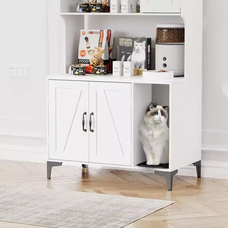Cat Litter Box Furniture, Hidden Litter Box Enclosure Large - Farmhouse Wood Pet House with 3 Open Shelves Storage Cabinet Scratch Pad End Table