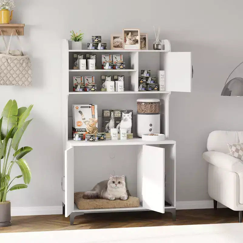 Cat Litter Box Furniture, Hidden Litter Box Enclosure Large - Farmhouse Wood Pet House with 3 Open Shelves Storage Cabinet Scratch Pad End Table