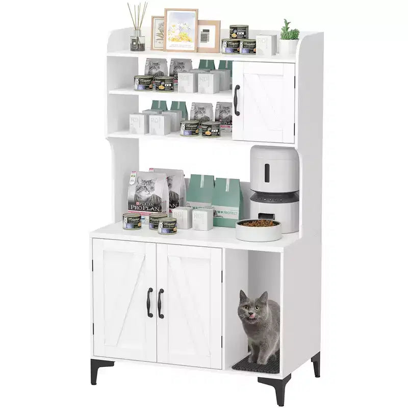Cat Litter Box Furniture, Hidden Litter Box Enclosure Large - Farmhouse Wood Pet House with 3 Open Shelves Storage Cabinet Scratch Pad End Table