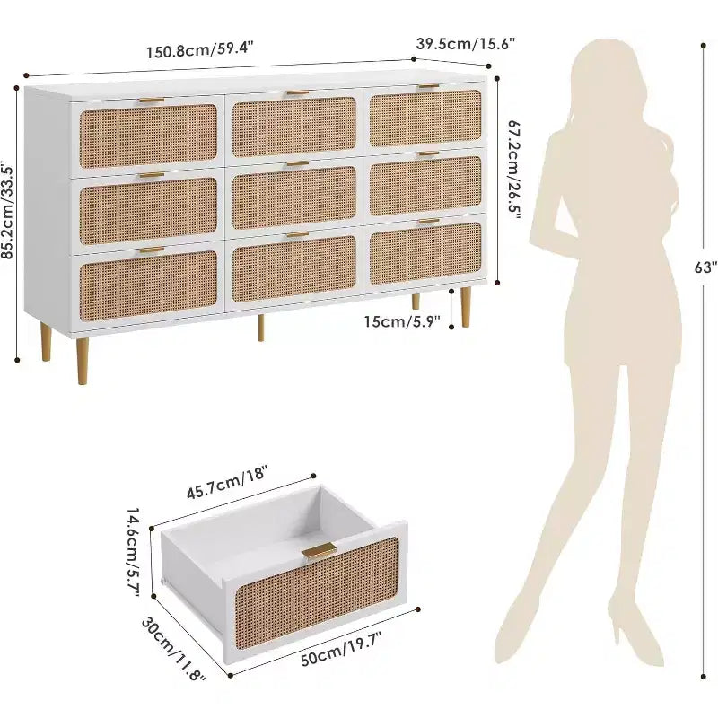 Rattan 9 Drawer Dressers for Bedroom, Tall Dresser with Deep Drawers, Large Chest of Drawers for Closet with Wide Top, Long Wooden Dresser