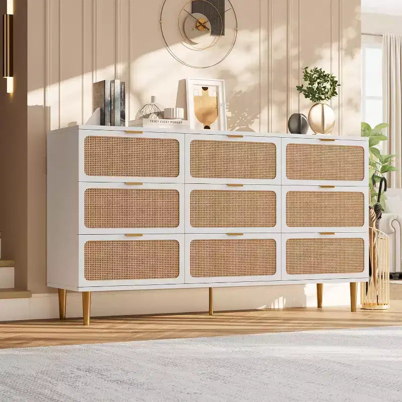 Rattan 9 Drawer Dressers for Bedroom, Tall Dresser with Deep Drawers, Large Chest of Drawers for Closet with Wide Top, Long Wooden Dresser
