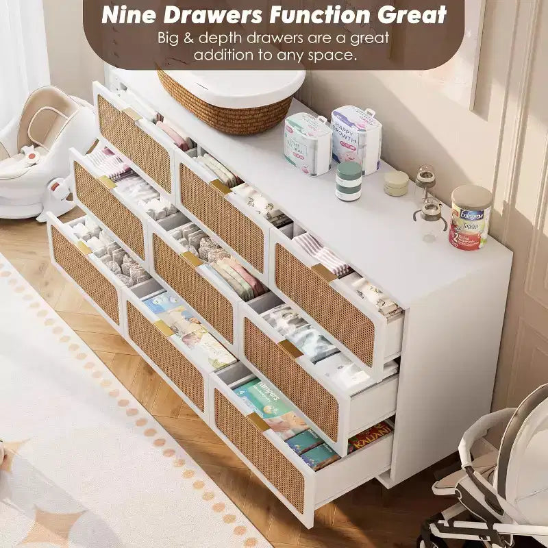Rattan 9 Drawer Dressers for Bedroom, Tall Dresser with Deep Drawers, Large Chest of Drawers for Closet with Wide Top, Long Wooden Dresser