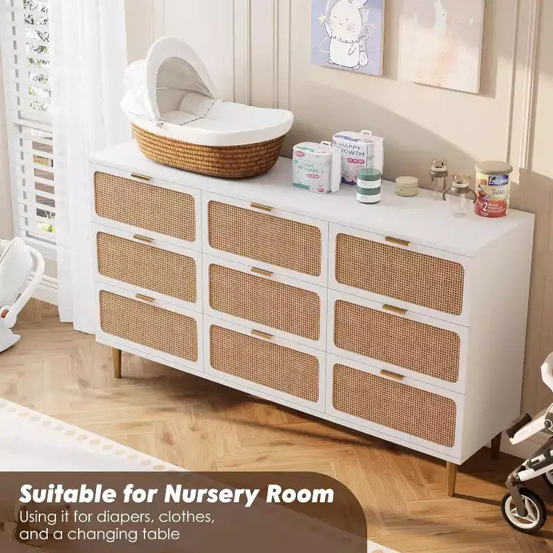 Rattan 9 Drawer Dressers for Bedroom, Tall Dresser with Deep Drawers, Large Chest of Drawers for Closet with Wide Top, Long Wooden Dresser