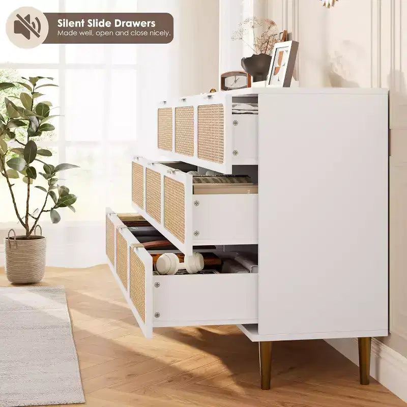 Rattan 9 Drawer Dressers for Bedroom, Tall Dresser with Deep Drawers, Large Chest of Drawers for Closet with Wide Top, Long Wooden Dresser