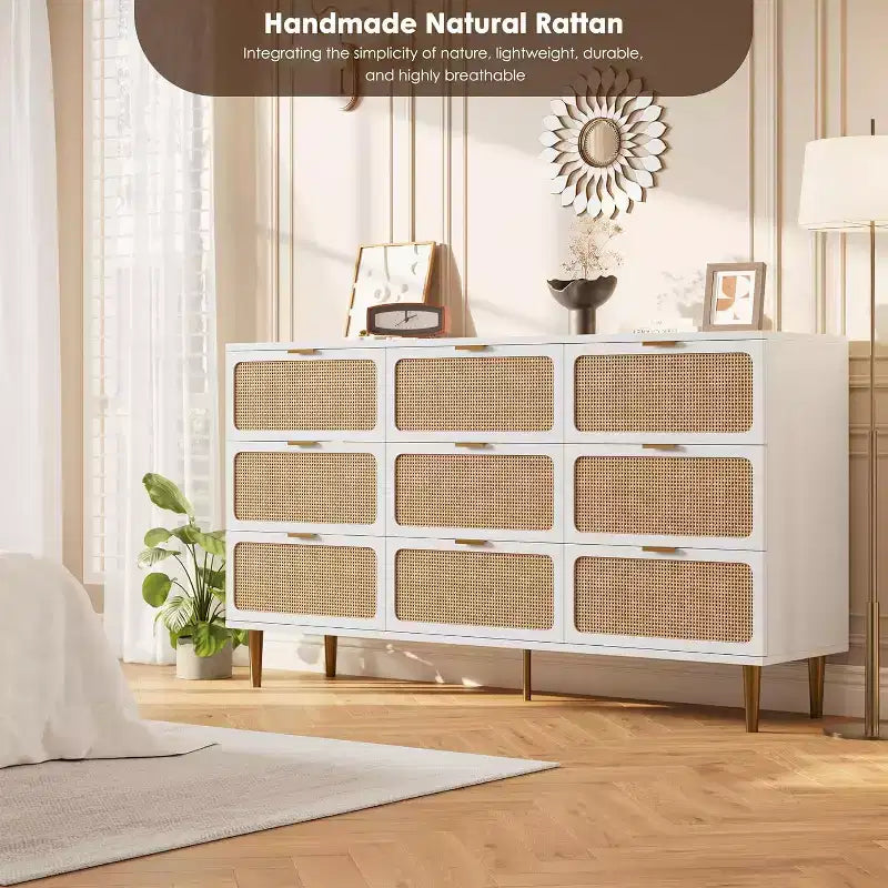 Rattan 9 Drawer Dressers for Bedroom, Tall Dresser with Deep Drawers, Large Chest of Drawers for Closet with Wide Top, Long Wooden Dresser