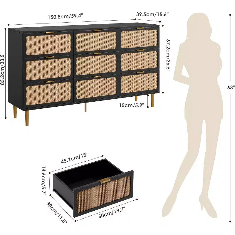 Rattan 9 Drawer Dressers for Bedroom, Tall Dresser with Deep Drawers, Large Chest of Drawers for Closet with Wide Top, Long Wooden Dresser
