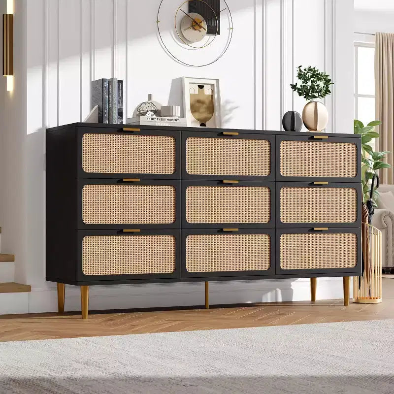 Rattan 9 Drawer Dressers for Bedroom, Tall Dresser with Deep Drawers, Large Chest of Drawers for Closet with Wide Top, Long Wooden Dresser