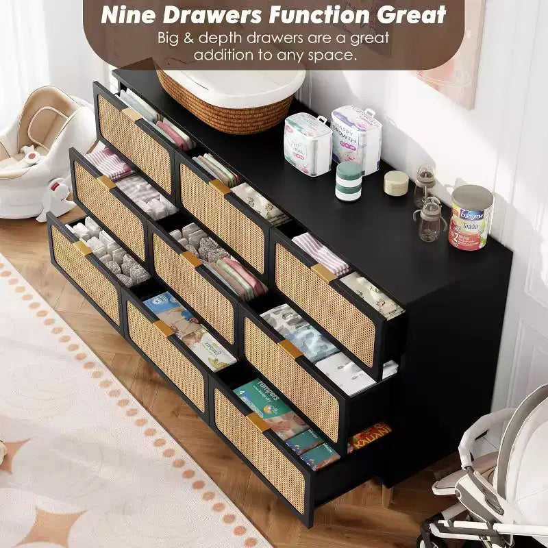 Rattan 9 Drawer Dressers for Bedroom, Tall Dresser with Deep Drawers, Large Chest of Drawers for Closet with Wide Top, Long Wooden Dresser