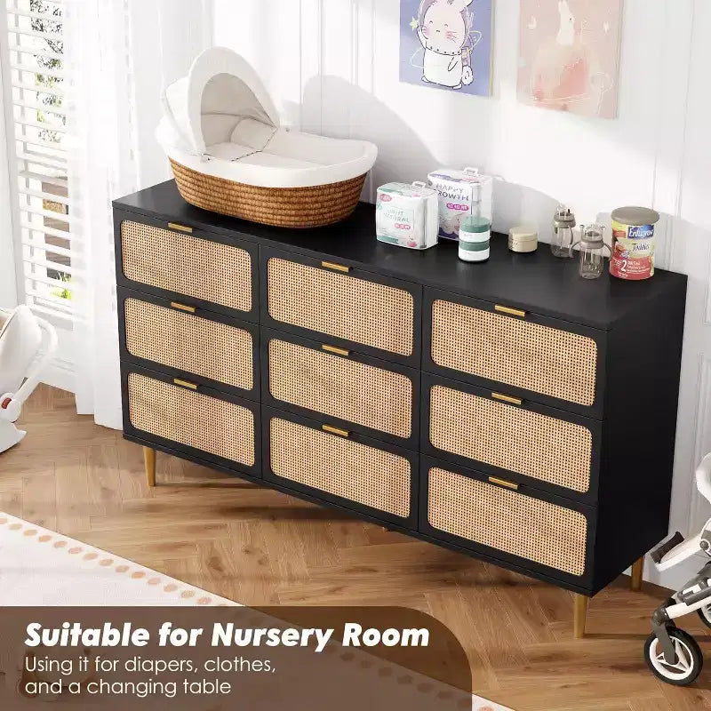 Rattan 9 Drawer Dressers for Bedroom, Tall Dresser with Deep Drawers, Large Chest of Drawers for Closet with Wide Top, Long Wooden Dresser