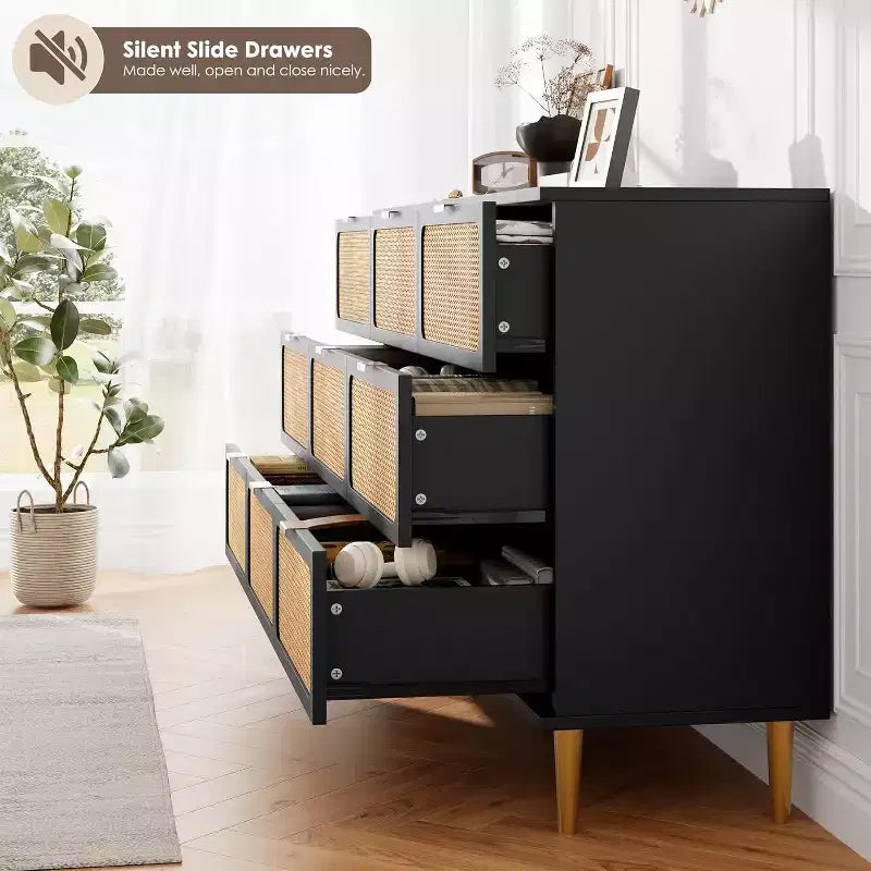 Rattan 9 Drawer Dressers for Bedroom, Tall Dresser with Deep Drawers, Large Chest of Drawers for Closet with Wide Top, Long Wooden Dresser