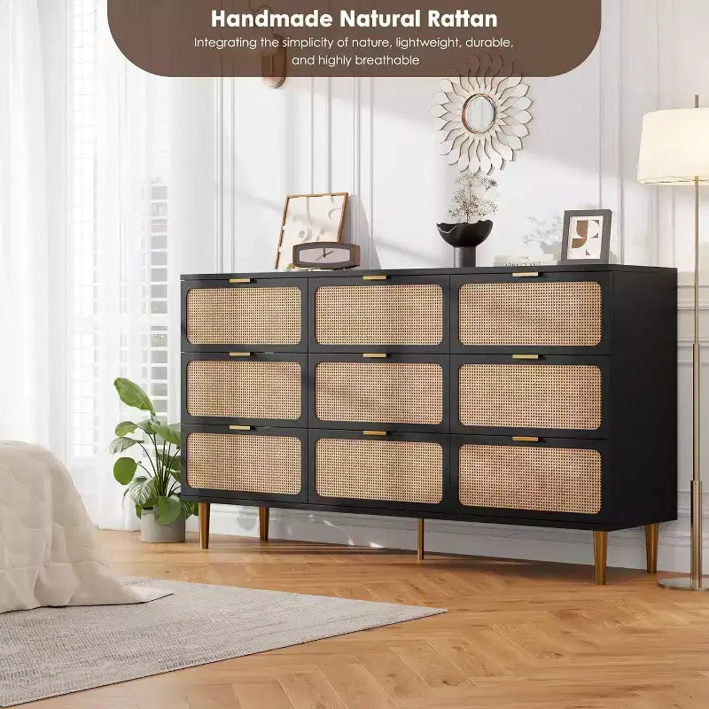Rattan 9 Drawer Dressers for Bedroom, Tall Dresser with Deep Drawers, Large Chest of Drawers for Closet with Wide Top, Long Wooden Dresser