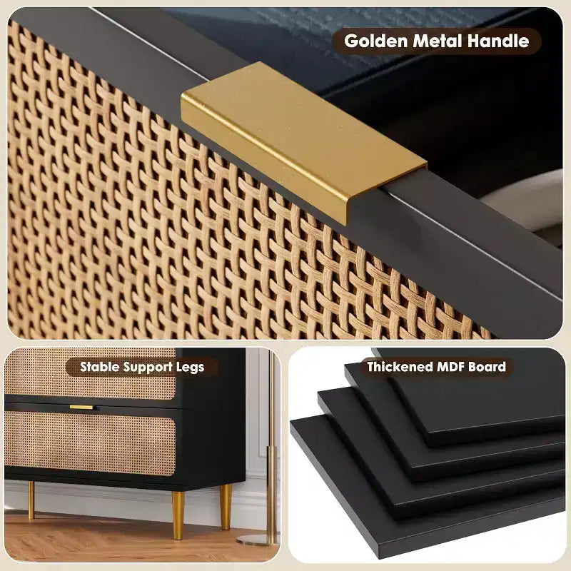 Rattan 9 Drawer Dressers for Bedroom, Tall Dresser with Deep Drawers, Large Chest of Drawers for Closet with Wide Top, Long Wooden Dresser