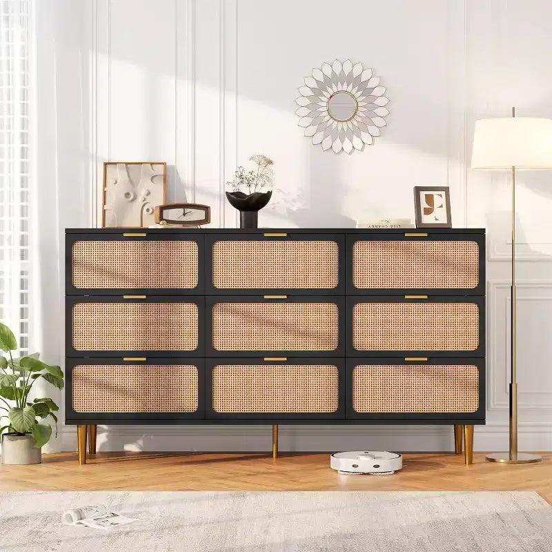 Rattan 9 Drawer Dressers for Bedroom, Tall Dresser with Deep Drawers, Large Chest of Drawers for Closet with Wide Top, Long Wooden Dresser