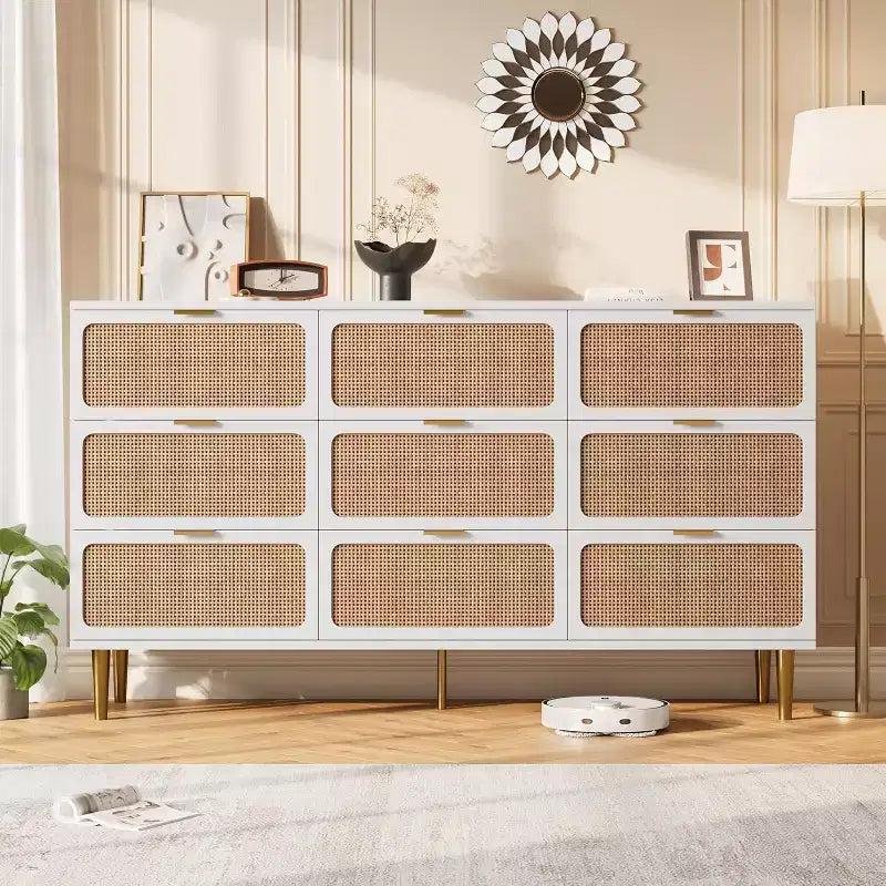 Rattan 9 Drawer Dressers for Bedroom, Tall Dresser with Deep Drawers, Large Chest of Drawers for Closet with Wide Top, Long Wooden Dresser