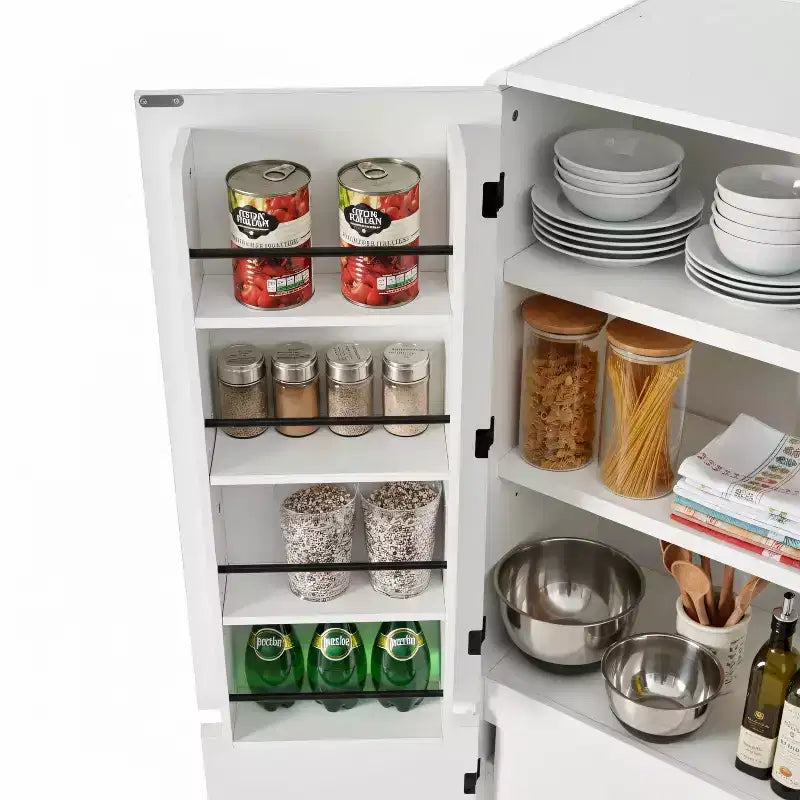 MAYEERTY 72 Farmhouse Kitchen Pantry, 8 Door Shelves Curved Design, Kitchen Dining Bathroom, White