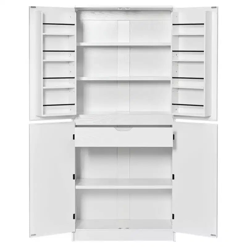 MAYEERTY 72 Farmhouse Kitchen Pantry, 8 Door Shelves Curved Design, Kitchen Dining Bathroom, White