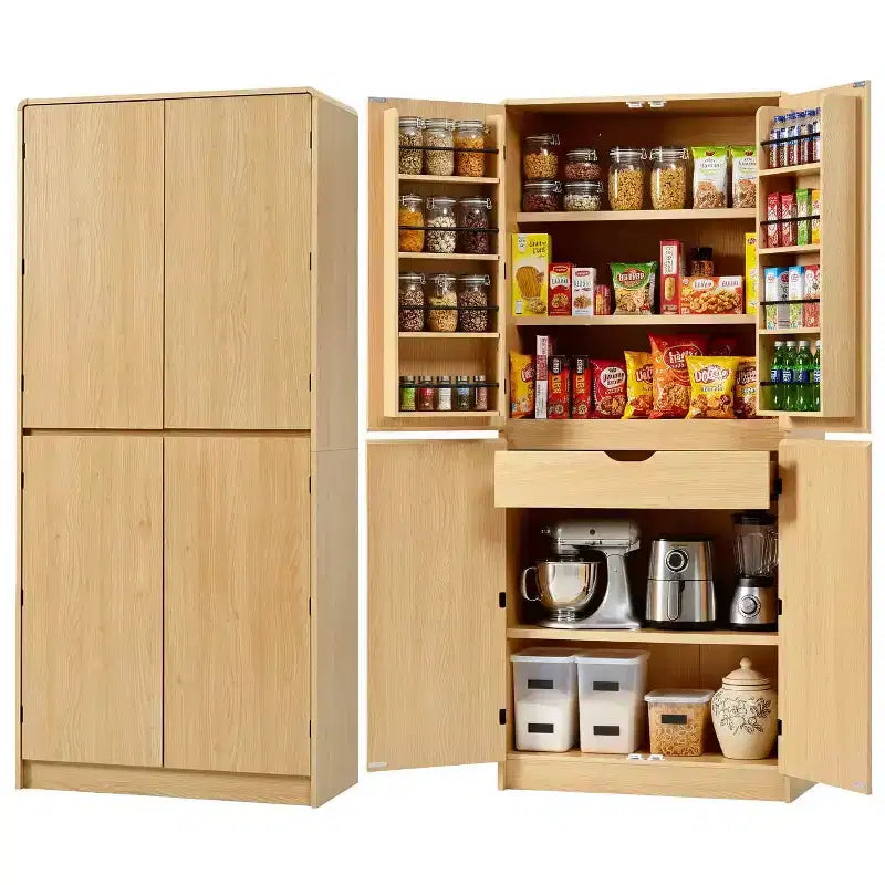 MAYEERTY 72 Farmhouse Kitchen Pantry, 8 Door Shelves Curved Design, Kitchen Dining Bathroom, White