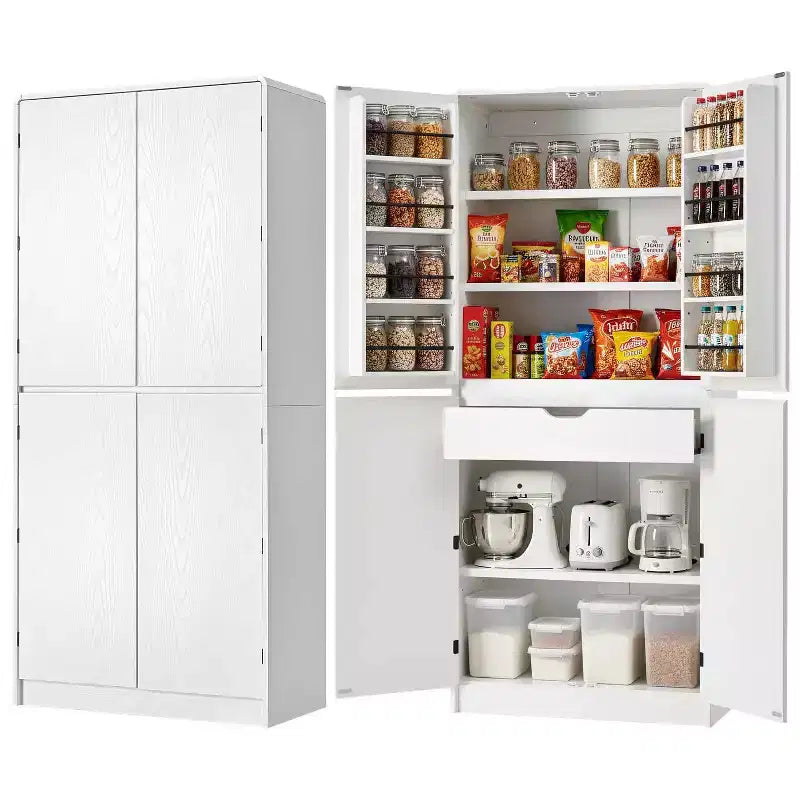 MAYEERTY 72 Farmhouse Kitchen Pantry, 8 Door Shelves Curved Design, Kitchen Dining Bathroom, White