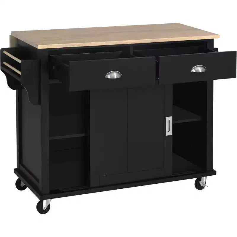 Wood Kitchen Cart with Drop-Leaf Countertop with 2 Drawers and Storage Cabinet, Wheels, Sliding Barn Door Adjustable Height