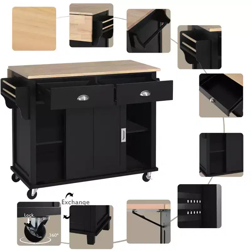 Wood Kitchen Cart with Drop-Leaf Countertop with 2 Drawers and Storage Cabinet, Wheels, Sliding Barn Door Adjustable Height