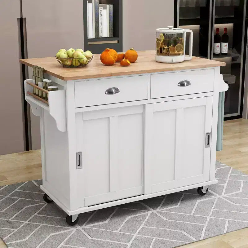 Wood Kitchen Cart with Drop-Leaf Countertop with 2 Drawers and Storage Cabinet, Wheels, Sliding Barn Door Adjustable Height
