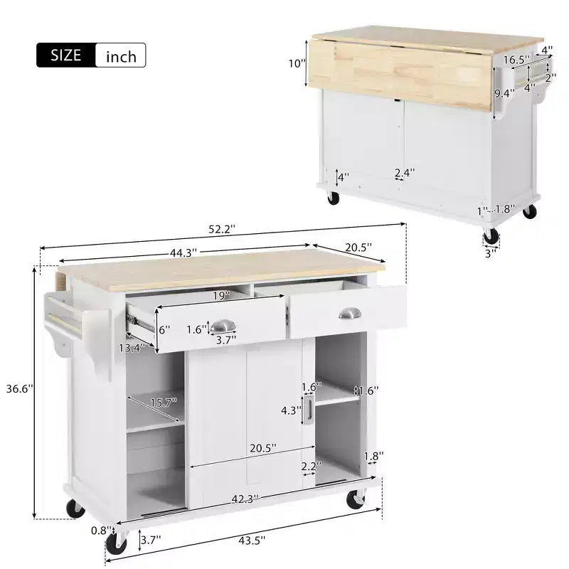 Wood Kitchen Cart with Drop-Leaf Countertop with 2 Drawers and Storage Cabinet, Wheels, Sliding Barn Door Adjustable Height