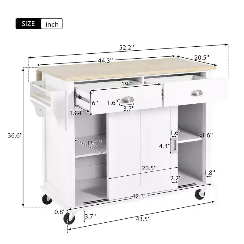 Wood Kitchen Cart with Drop-Leaf Countertop with 2 Drawers and Storage Cabinet, Wheels, Sliding Barn Door Adjustable Height