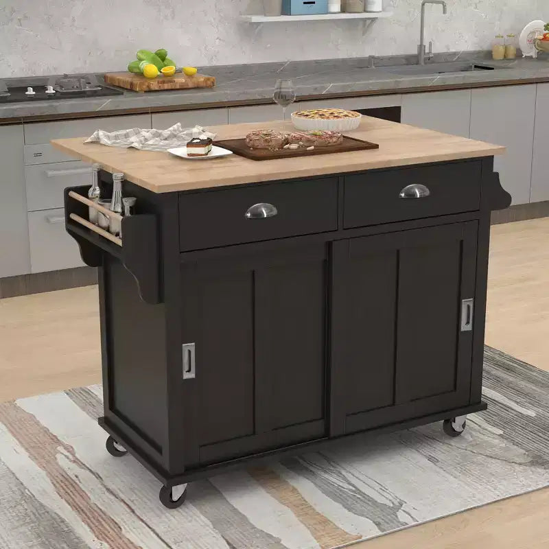 Wood Kitchen Cart with Drop-Leaf Countertop with 2 Drawers and Storage Cabinet, Wheels, Sliding Barn Door Adjustable Height