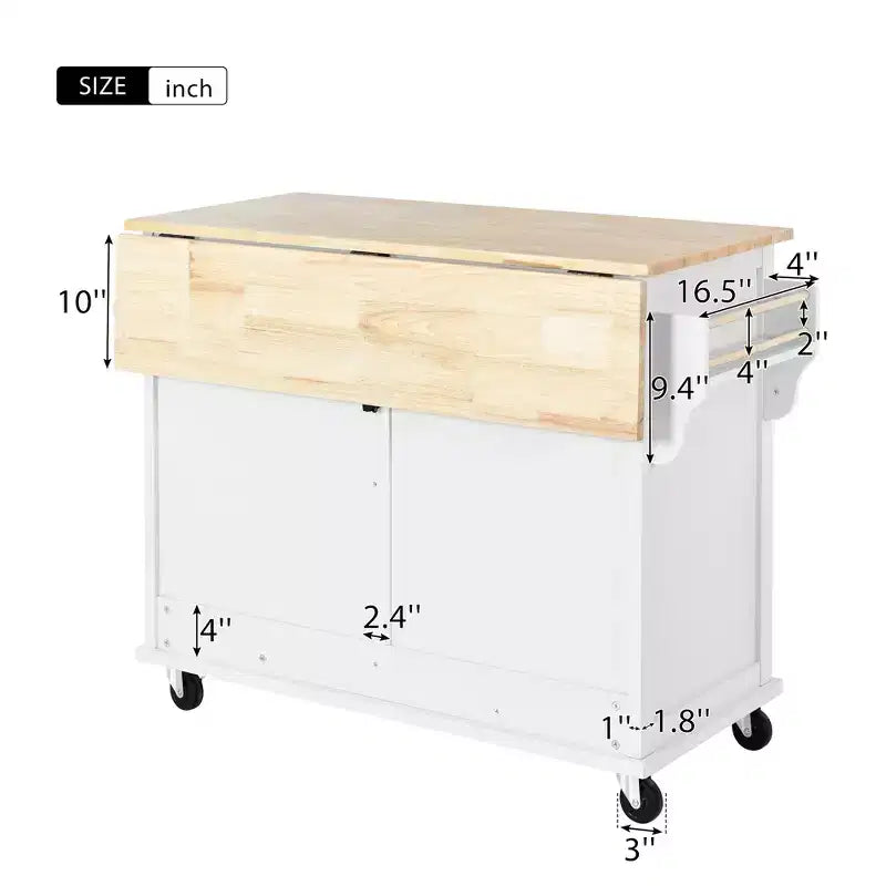 Wood Kitchen Cart with Drop-Leaf Countertop with 2 Drawers and Storage Cabinet, Wheels, Sliding Barn Door Adjustable Height