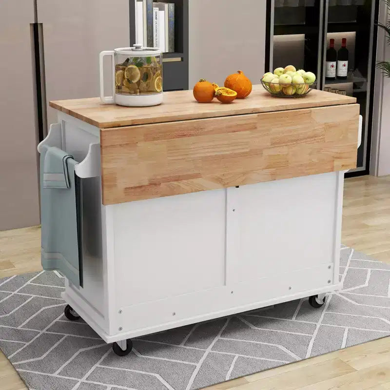 Wood Kitchen Cart with Drop-Leaf Countertop with 2 Drawers and Storage Cabinet, Wheels, Sliding Barn Door Adjustable Height
