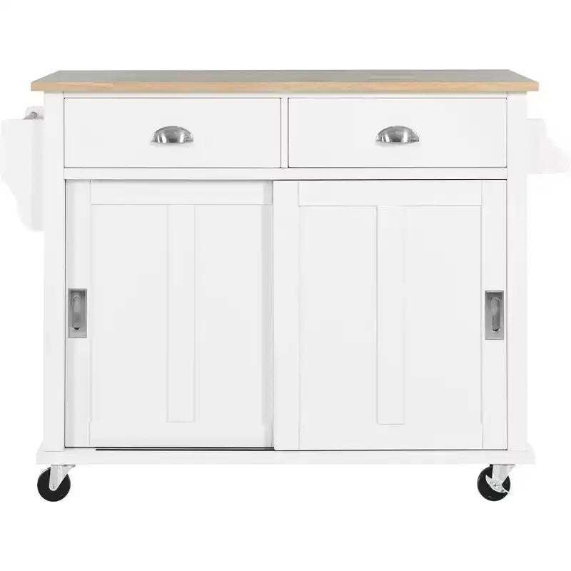 Wood Kitchen Cart with Drop-Leaf Countertop with 2 Drawers and Storage Cabinet, Wheels, Sliding Barn Door Adjustable Height
