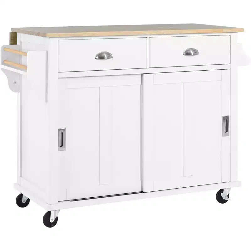 Wood Kitchen Cart with Drop-Leaf Countertop with 2 Drawers and Storage Cabinet, Wheels, Sliding Barn Door Adjustable Height