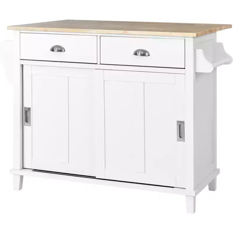 Wood Kitchen Cart with Drop-Leaf Countertop with 2 Drawers and Storage Cabinet, Wheels, Sliding Barn Door Adjustable Height