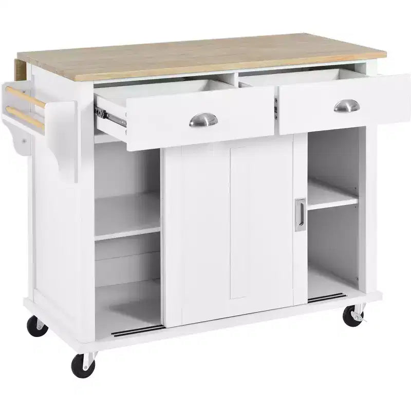Wood Kitchen Cart with Drop-Leaf Countertop with 2 Drawers and Storage Cabinet, Wheels, Sliding Barn Door Adjustable Height