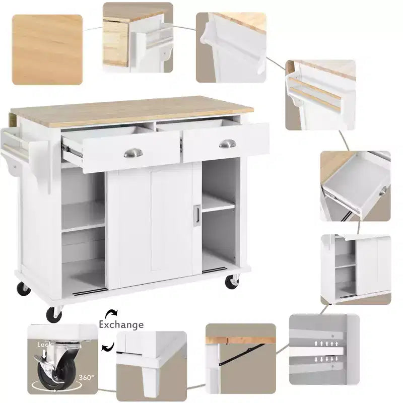 Wood Kitchen Cart with Drop-Leaf Countertop with 2 Drawers and Storage Cabinet, Wheels, Sliding Barn Door Adjustable Height